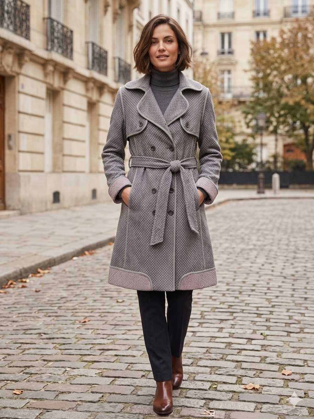 Wool-Blend Gray Polka Dot Vintage Style Trench Coat with Belt - Picture 3 of 3